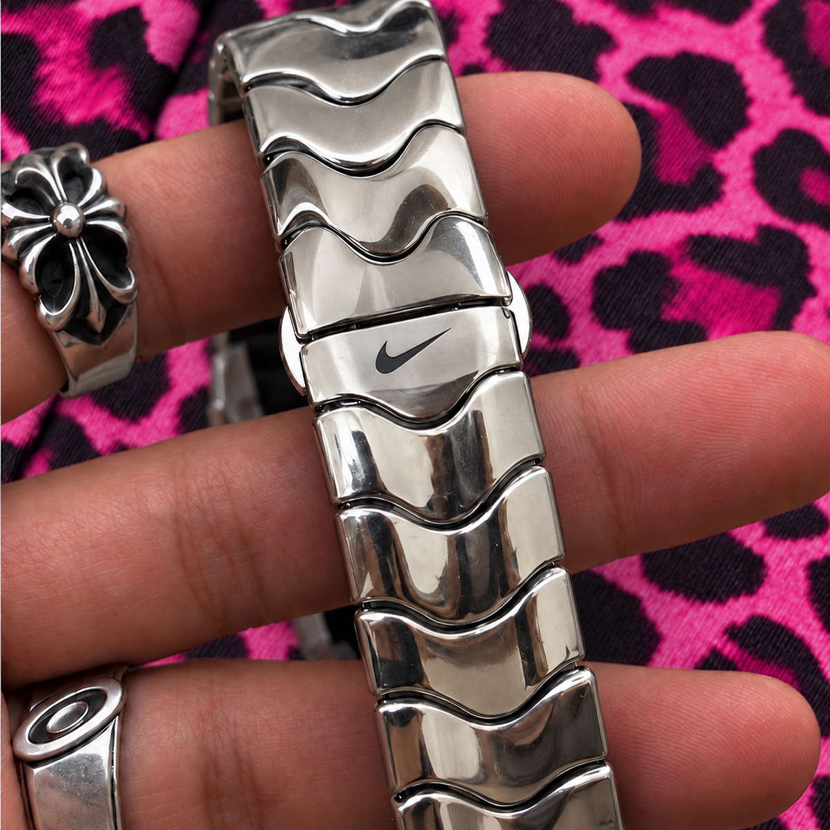 Nike Triax Stainless Steel Watch with Pink Leopard Print Stüssy Dial
