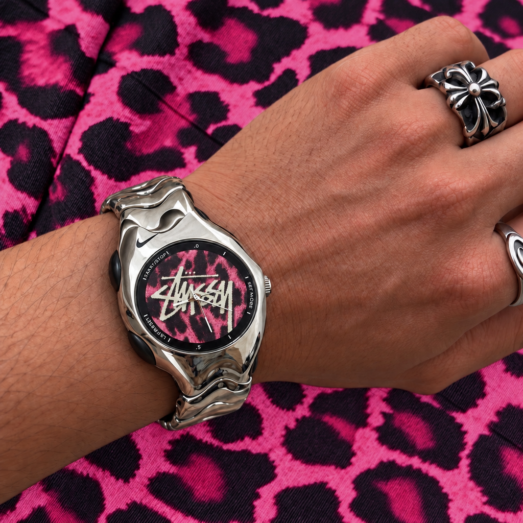 Nike Triax Stainless Steel Watch with Pink Leopard Print Stüssy Dial