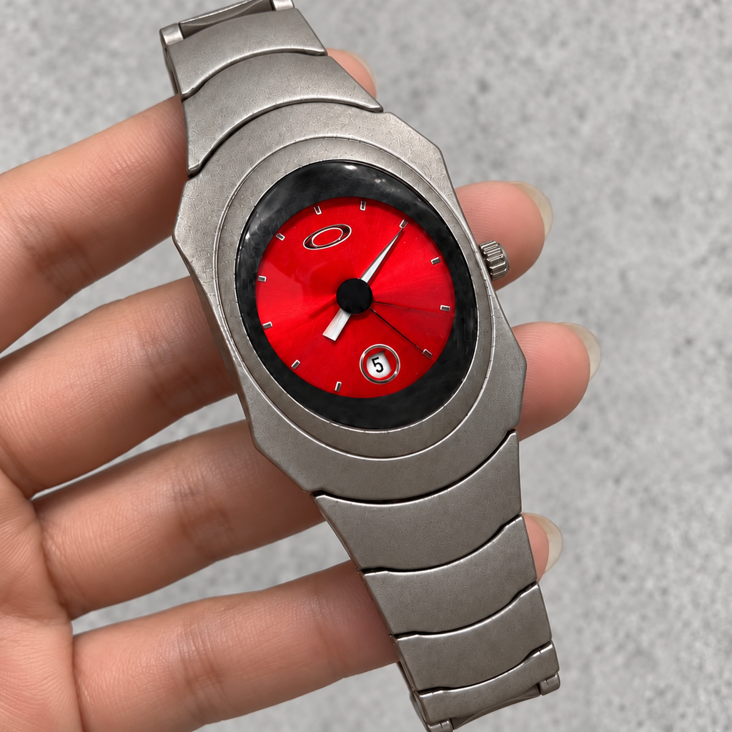 Oakley Time Bomb Titanium/Silver Watch – Red Dial