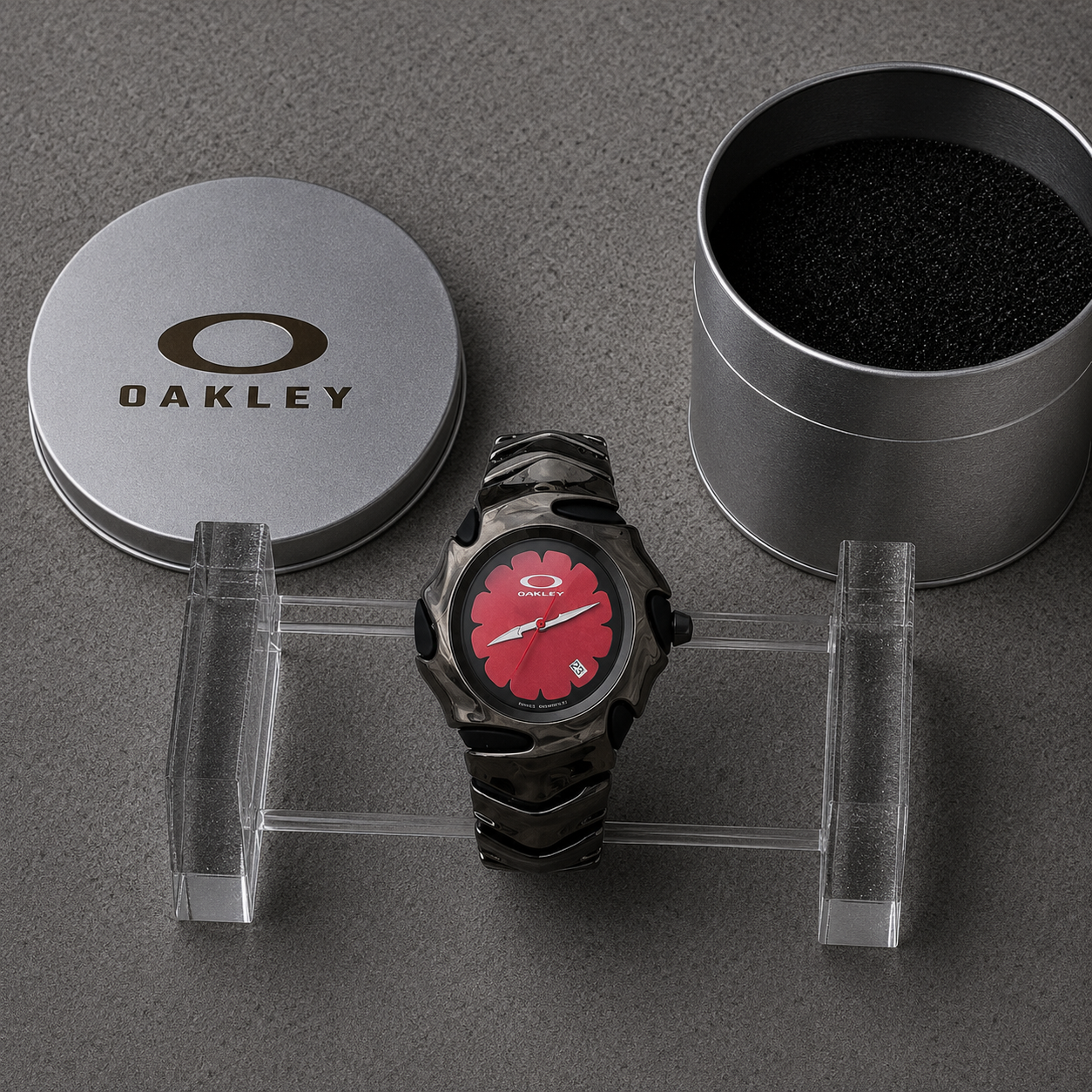 Oakley Y2K Blade Watch – Black Chrome Red Flower Dial