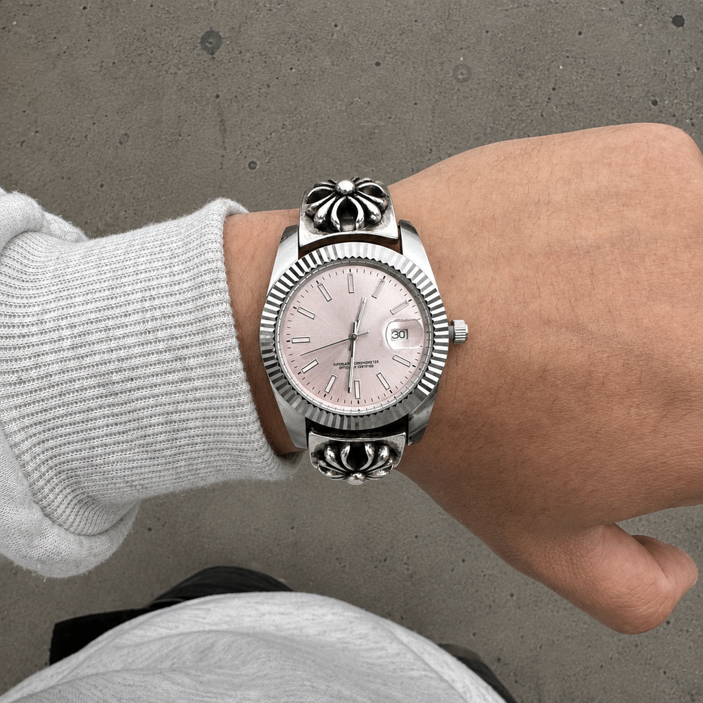Vintage Floral Bracelet Watch – 36mm Japanese Quartz Stainless Steel Watch (Pink Dial)