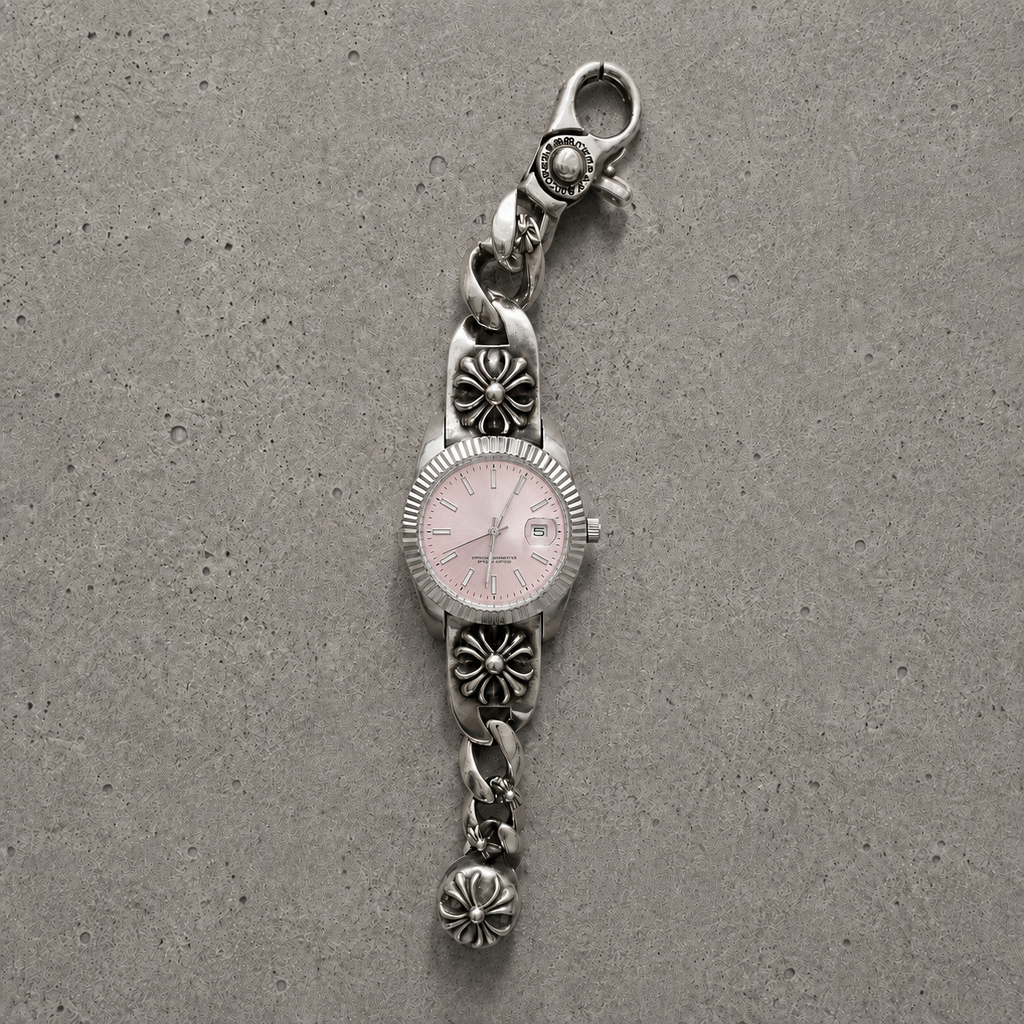 Vintage Floral Bracelet Watch – 36mm Japanese Quartz Stainless Steel Watch (Pink Dial)