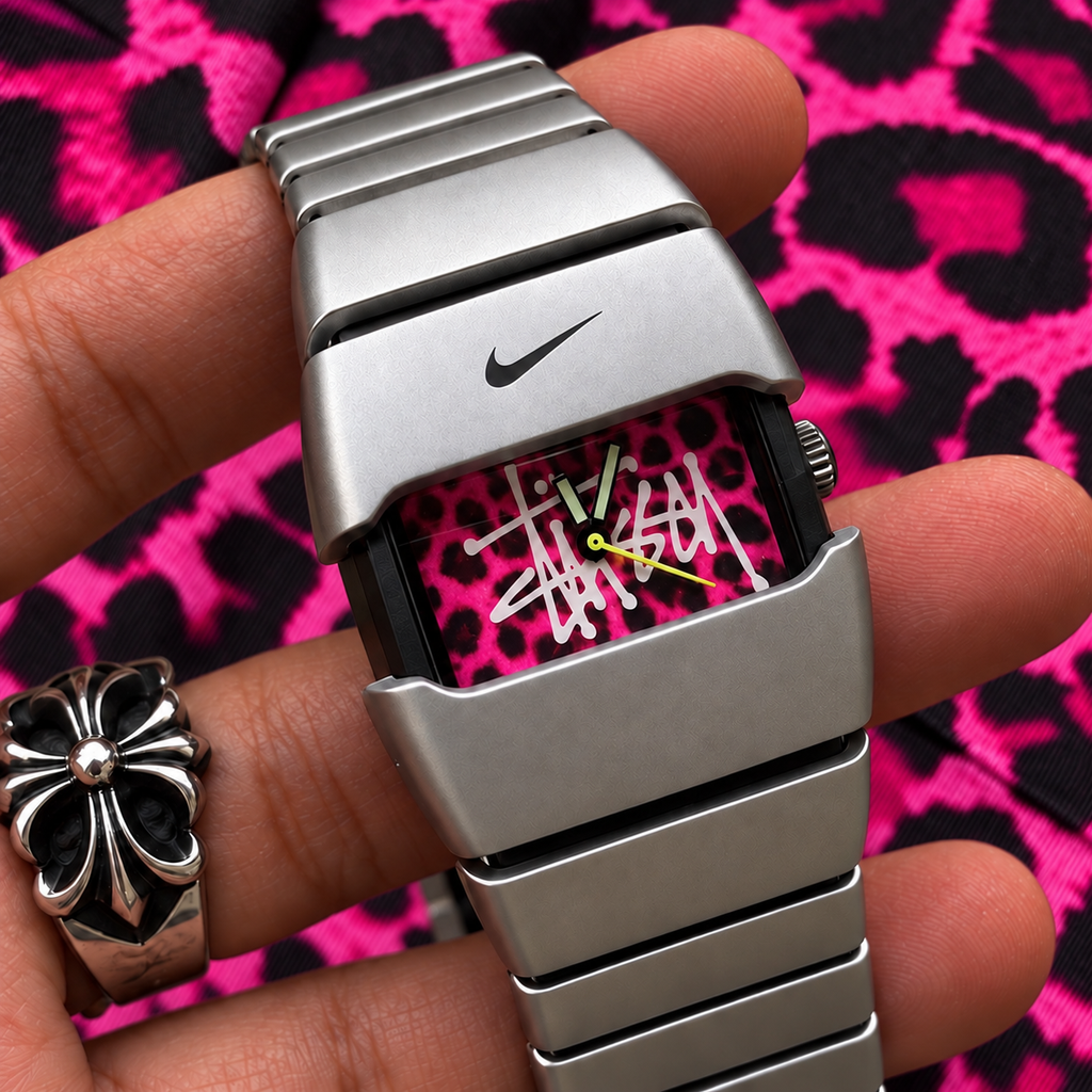 Vintage Nike Silver Stainless Steel Watch with Custom Pink Leopard Dial