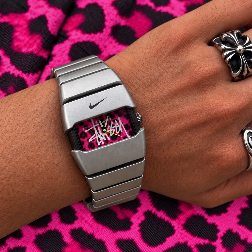 Vintage Nike Silver Stainless Steel Watch with Custom Pink Leopard Dial