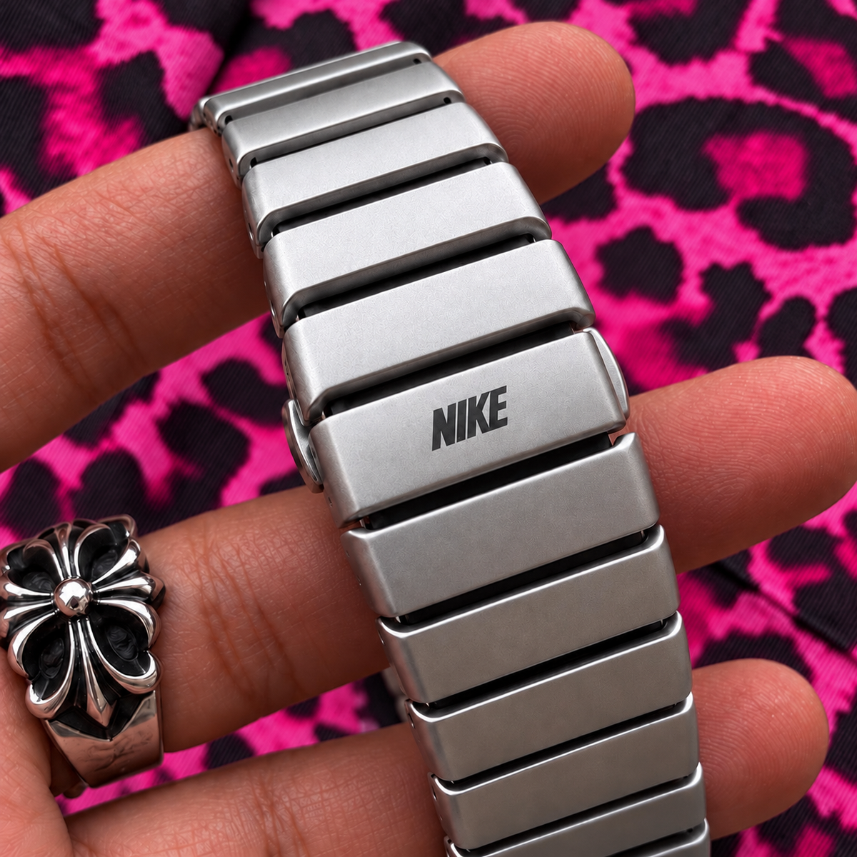 Vintage Nike Silver Stainless Steel Watch with Custom Pink Leopard Dial