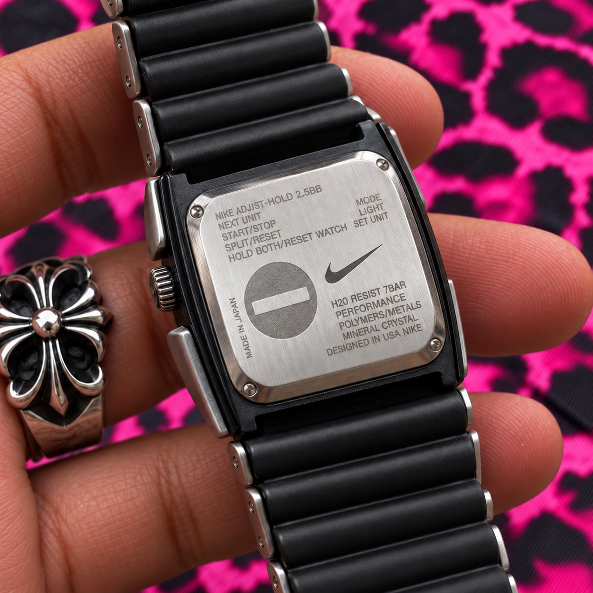 Vintage Nike Silver Stainless Steel Watch with Custom Pink Leopard Dial